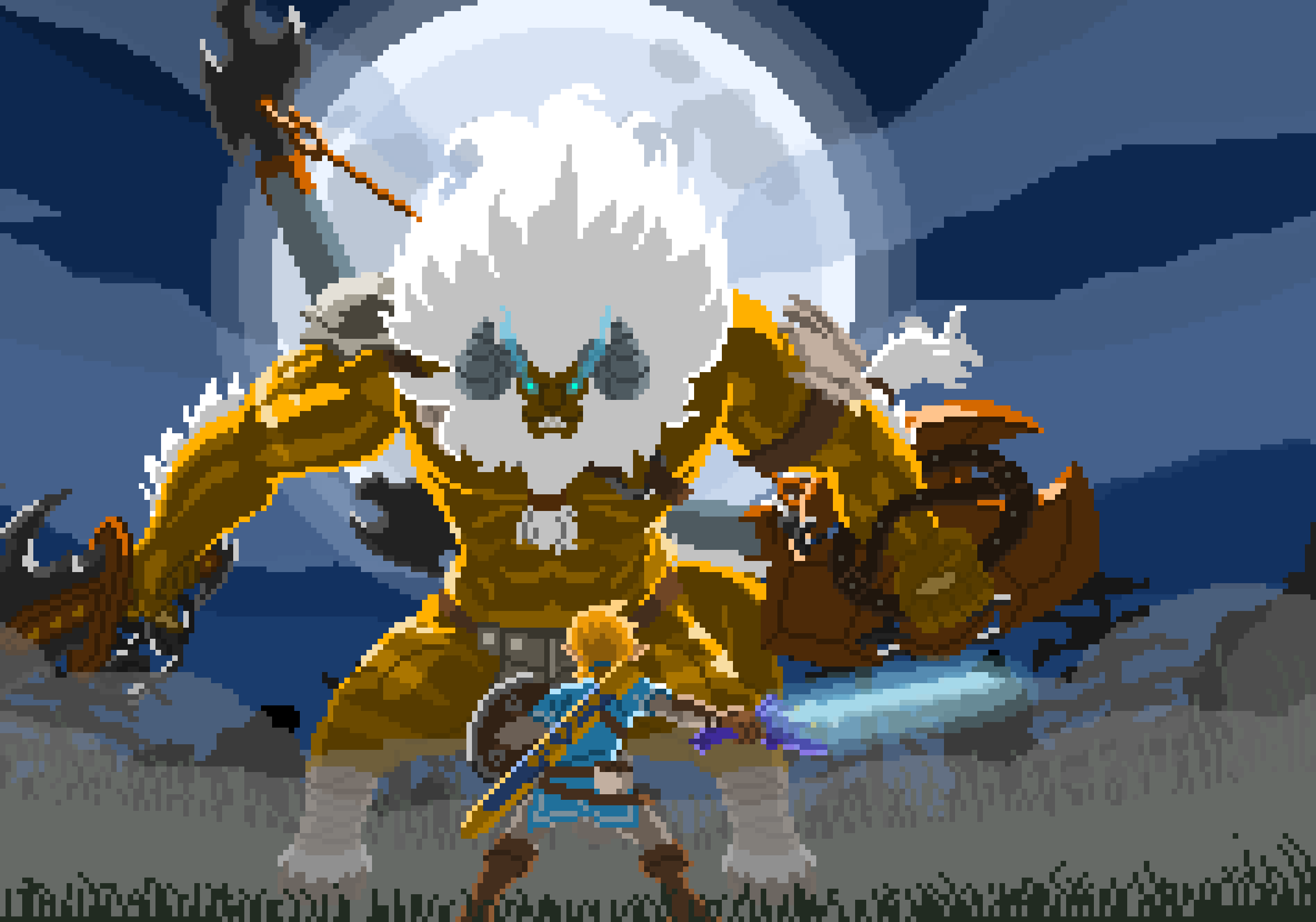 [4076f0] -link gets his weapons out ready to battle the lynel (i think thats how you spell it) , and puts his focus on him- -Link (Cleetus