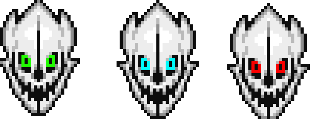 [32d8b9] Green Sans Gaster Blaster, Normal Sans Gaster Blaster, Red Sans Gaster Blaster