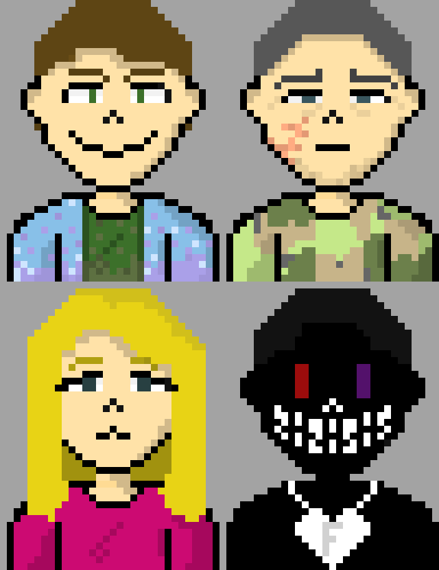 [90896a] (Blue and green is Vesin, Camo is Andrew Solid (mostly just goes by last name), the only girl of the group is Annie.)