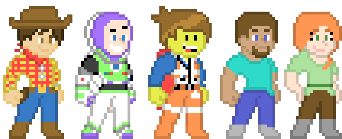 [b80ee9] Woody, Buzz Lightyears, Emmet brickowski, Steve and Alex