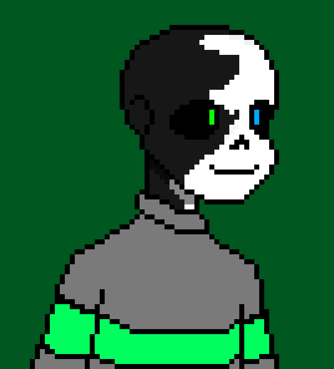 [752b4c] Indeed. He lost his right eye, actually, which is why it`s white but his left isn`t. So he`s actually partially blind! And the reason only a spot remained was because he managed to fight back the evil side of himself so that only partially was he still evil. This is what he looked like before he met Chris, before his outfit changed, while he was still working for Nightmare!Sans. -BD