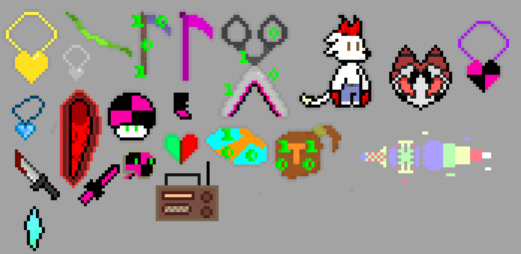[05b0c1] (Chara's Knife: Will slice backwards, and force the slash to hit you. T's Skull will try and bite you. The 1-up does not activate. The Reaper Scythe will go limp like a wet spaghetti noodle if you try and use it, the dimensional scissors will not let you return from where you go, T's cap will lower your attack to 0 upon equipping, The Money bag removes Money from your wallet, Noskt's Tooth will stab you anytime you pull something out, the data locket drops all your defense upon equipping. )
