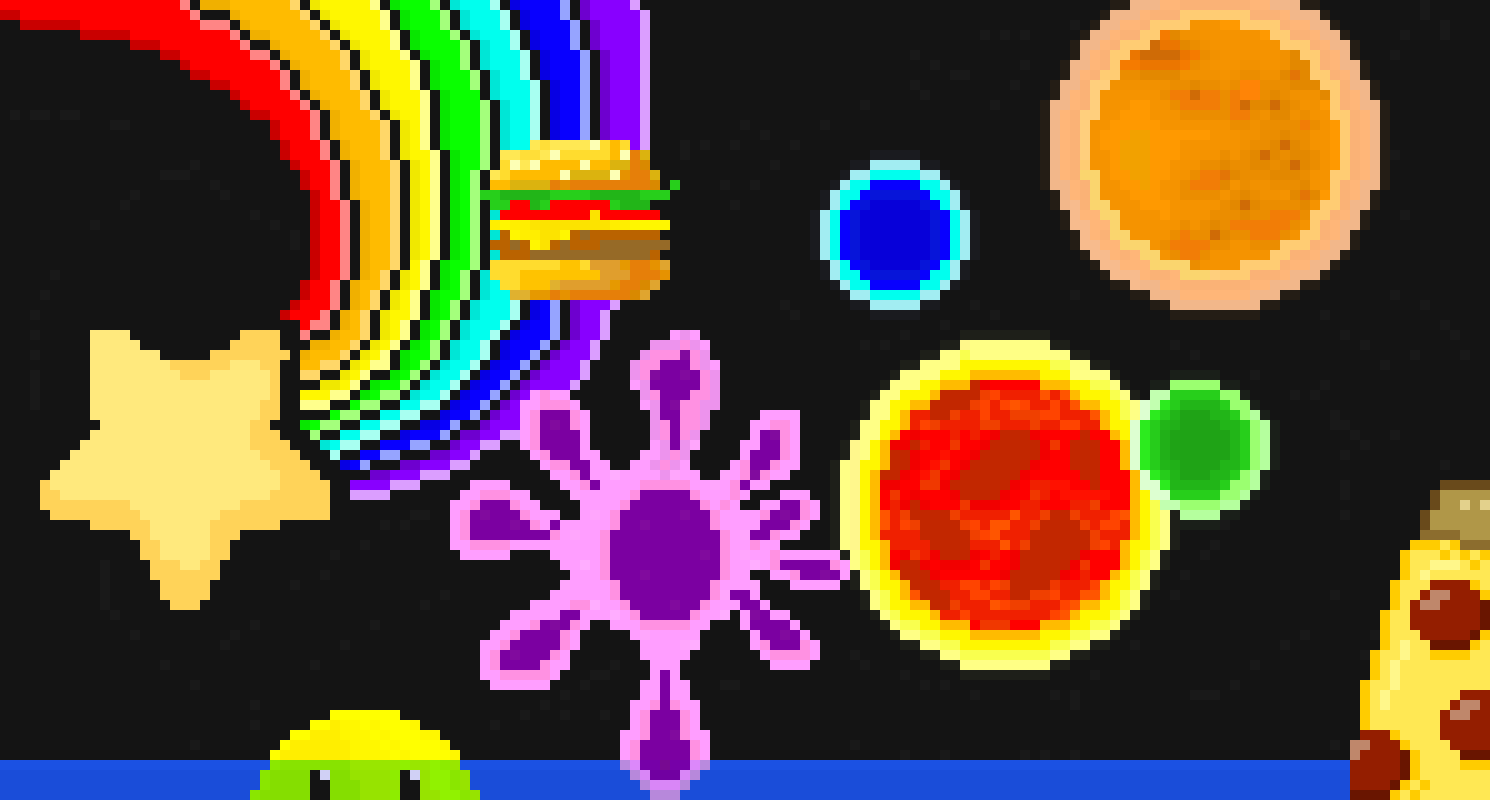 [56a616] Star+splat+burger+sun+sun+planet+planet+water(start)+smiley+ pizza (top half left 2 thirds)