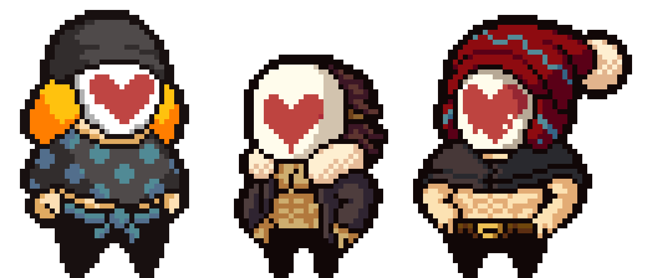 [b0303f] *The figures are seen surrounding the campfire. The one with the polka-dot poncho seems to be the one who made the fire, as flames spit from his hands to make a bigger fire. The other two beside him seem bored out of their minds* - Heart Squad 