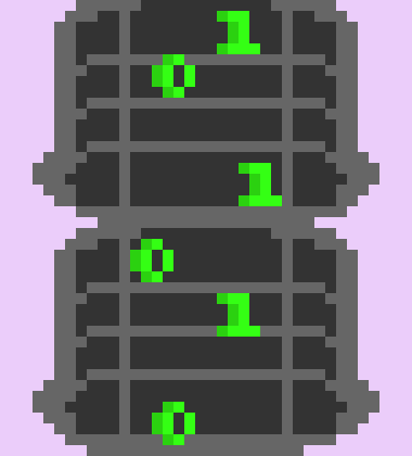 [05b0c1] *A grey thing is leaned over in the center of a round room at the bottom. Green numbers fly off of it. 0s and 1s*