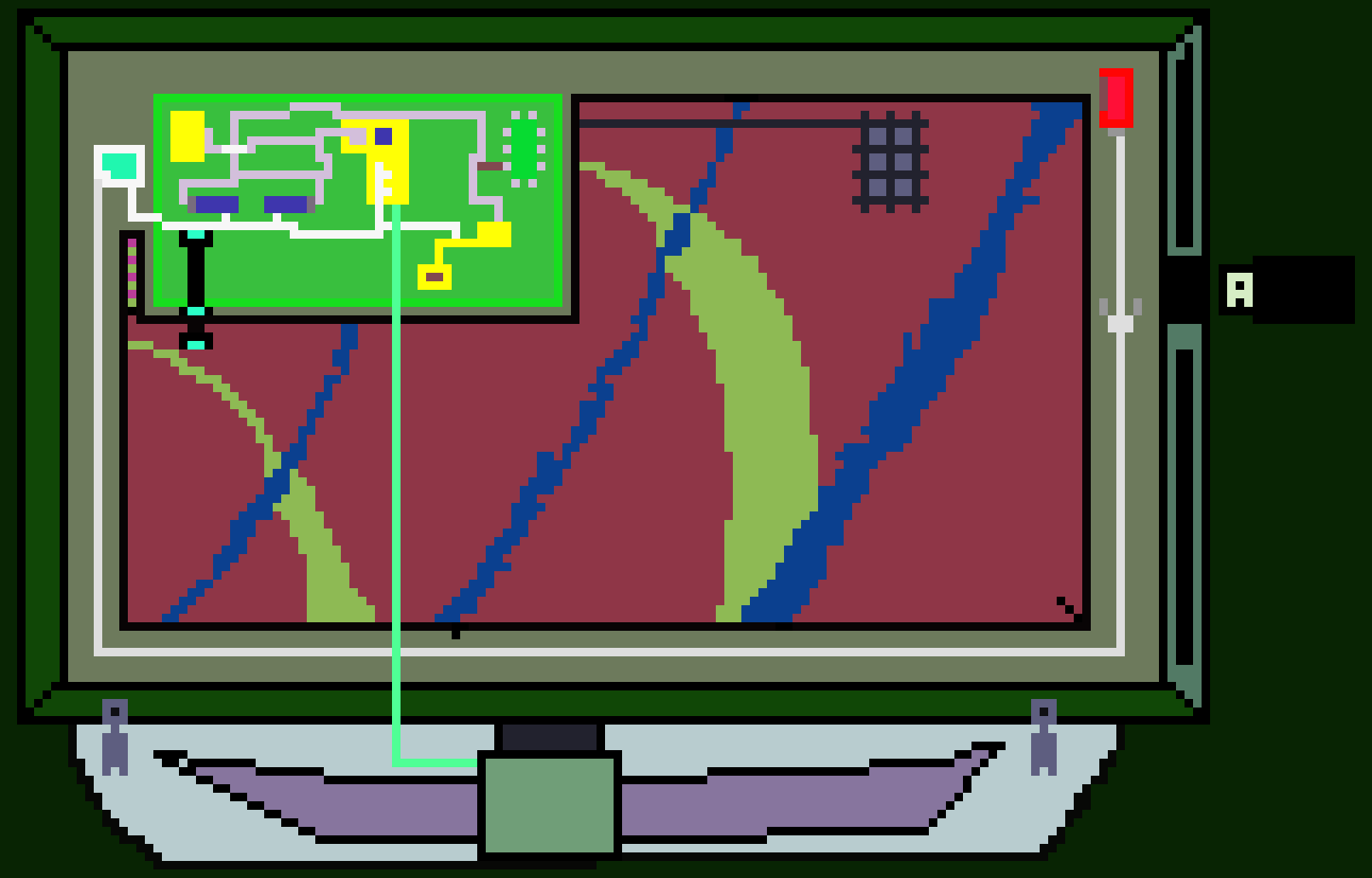 [792f74] This is about what I look like on the inside, So let me break it down. First, the Red thing up there is NOT a battery, It is a Thermal Console Radiator, Allowing me to change the color of my glass from green to either blue or red, or even allow me to heat up certain parts to make on screen white! next, The weird red thing in the middle is just parmatizic glass, allowing reflection of color, sight, etc. Its what connects to the Thermal console radiator and The Main chip through that. Theres also a Stabilizer and a Gyro built into it, and small Jets on the side to allow for easy control, plus a big one at the bottom, and finally the data chip allows my to connect to my own personal internet to access the archives, which i need to run properly, as my regulated code is on there. There are also gimbals inside too.