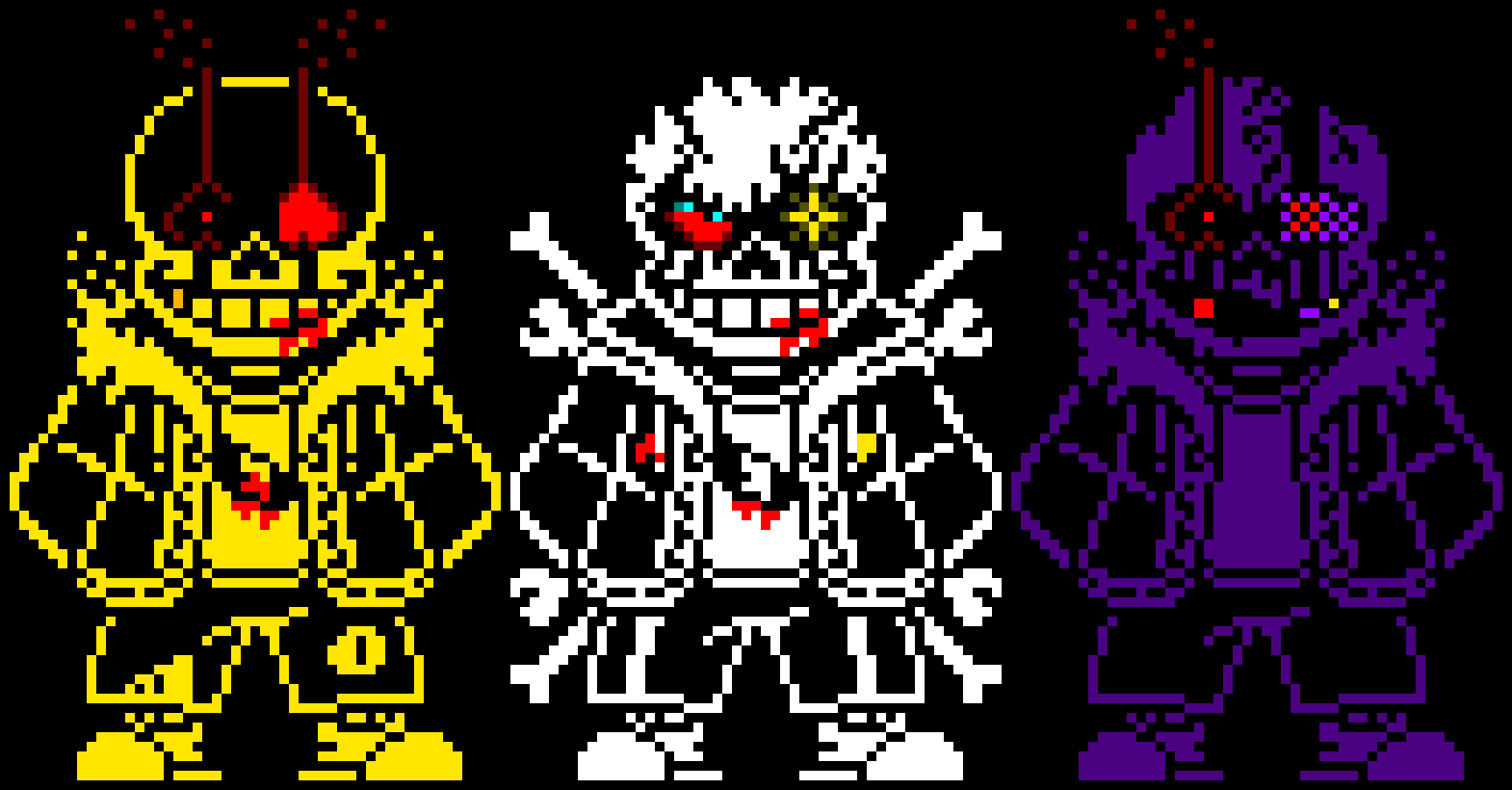 [8998f6] and I took that personally because this Trio would be canon to the story and Sans? (The yellow one) and ?snaS (The purple one) would be an enemy until just before this event of DST trio happened