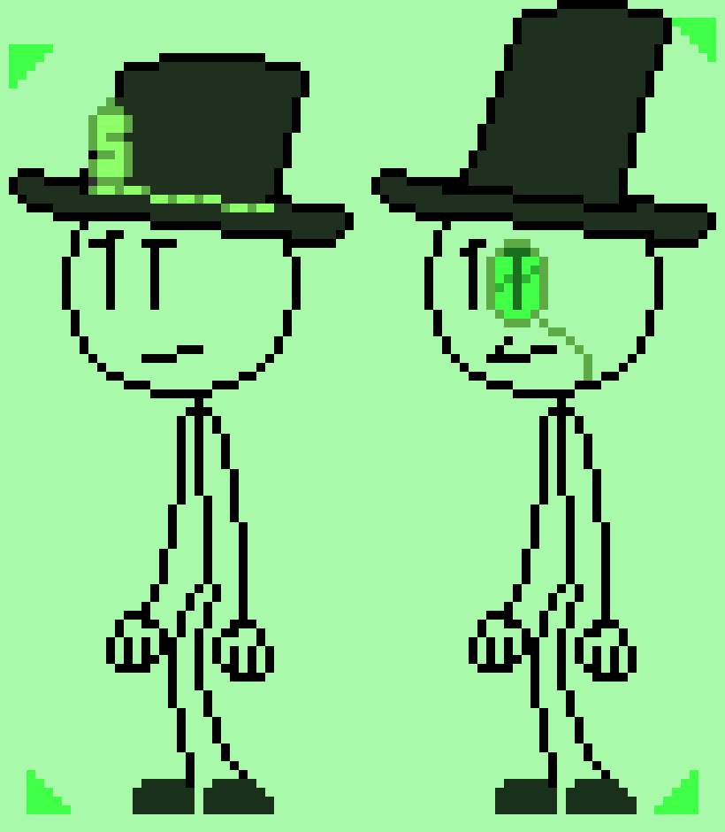 [54a90b] both of them seem to be wearing top hats and one of the tophats have a dollar symbol on it and the other person is wearing a eye glass -btw this is what im seeing rn- -Zach