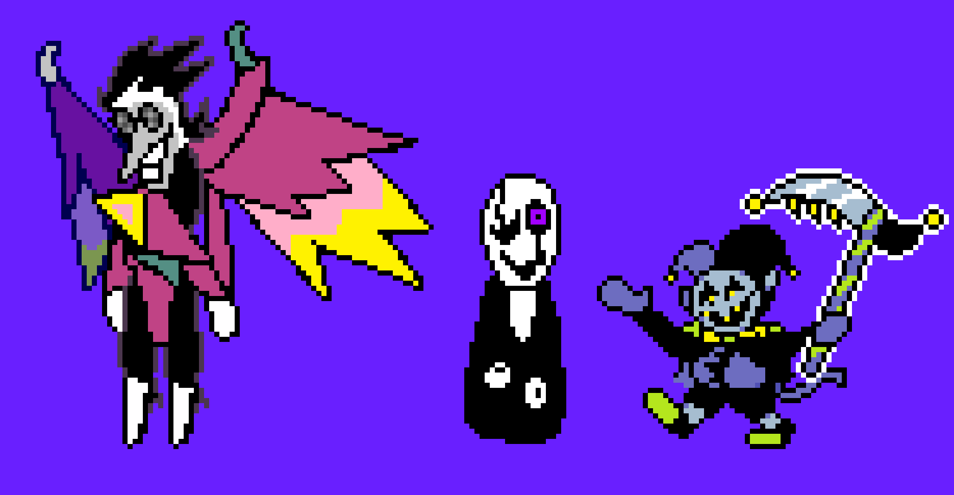 [2ab26d] Darker Trio-*Jevil summons the Devilsknife to attack Dust,Spamton summons his giant NEO mech while doing his bluelight special rasing his Def greatly while his Atk lowers and the pipis help recover his teams hp,Gaster summons Gaster Blasters*(Btw i need to charge this for a bit ĺl let you know when just when i do i will come back just rp without me and just have it so Dust leaves them alone for the time being or something)