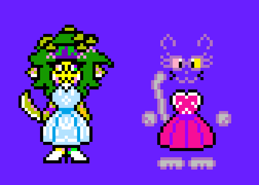 [494506] Autumn-Well for the overworld sprite(Btw going afk for a bit after I post this)I want a Hew Maniac(Pokemon)These two can be used as a base,for a big sprite,I want Bella also the cat glasses thing with the pink dress