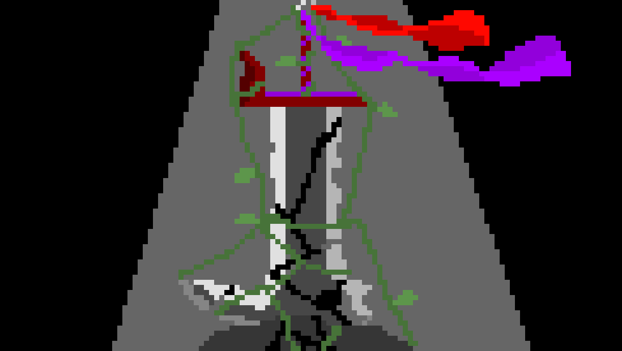 [aeaddc] *an unusual sword cracked, covered with vines, with red and purple ribbons stands on a rock, stands in frond of where eku used to live*