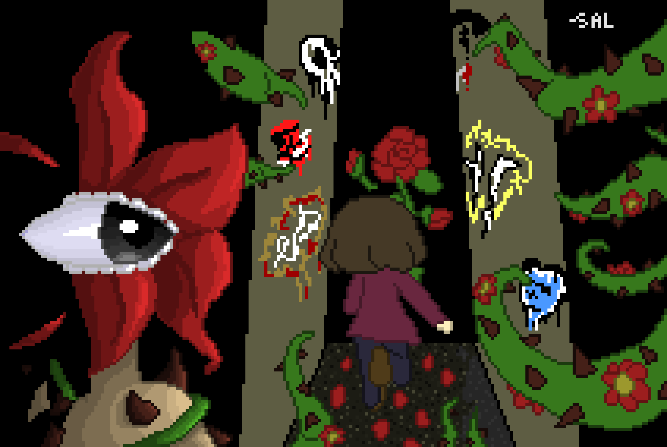 [f7c573] i finished shading the nightmare monster itself. fun fact, the reason why i made a rose in the first place (and not the other kind of flower you see) is because i based it off the first nightmare monster i made, as in her name being Rose.