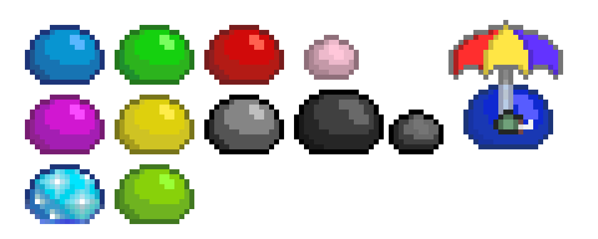 [792f74] 13/34 (im only doing 32 for now, as the 2 spiked variants are much harder to draw) slimes Done! Next up is the sand slime