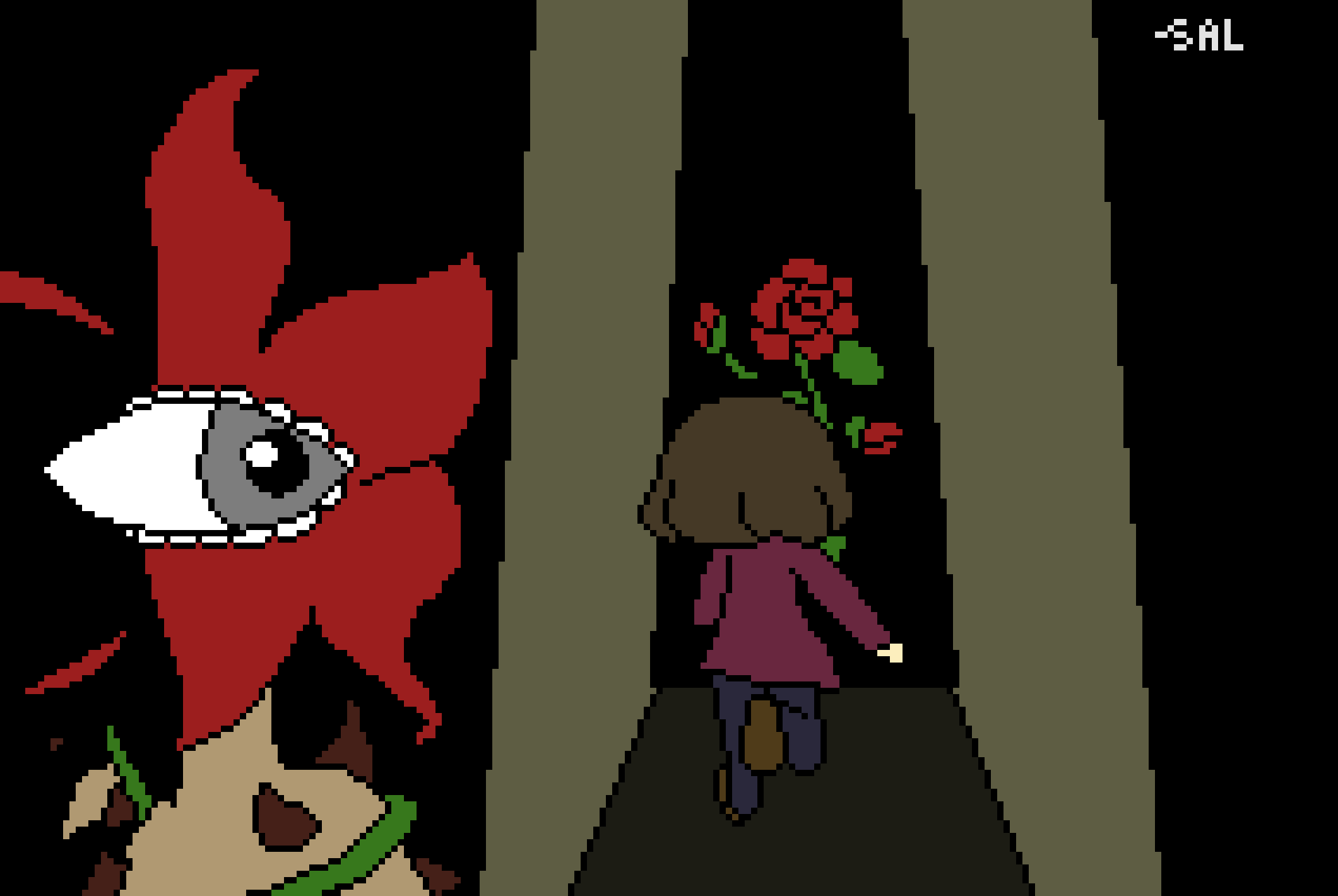[f7c573] "those aren't seeds on my eye, kid" here's an updated version of this pixel art. not sure if anyone knows this, but if you see any sort of flower in ANY of my art, its probably got to do with illness, lost, and even the death of the main character of the drawing. it never means good in my drawings, no flower means love in my drawings, not kindness, not love, not forgiveness, but only spiteful things