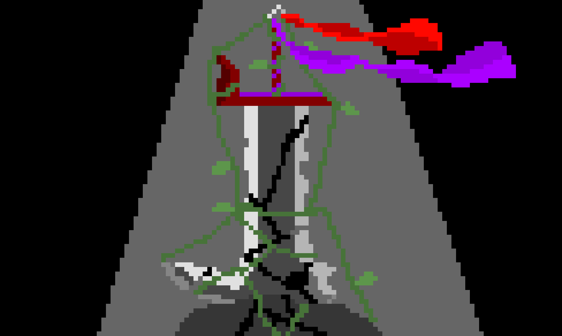 [aeaddc] *an unusual sword cracked, covered with vines, with red and purple ribbons stands on a rock, stands in frond of where eku used to live*