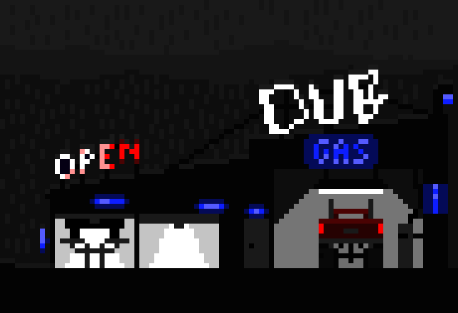 [aeaddc] *the Dub gas stop lights up showing its open*{Eku}