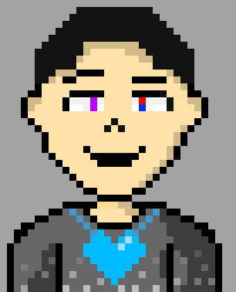 [752b4c] So it`s almost clearly obvious, but this is Dust!Chris. Boarder, in every AU and timeline, has a blue locket that opens up, one side with the person he loves, the other side with himself, happy and smiling (it always adds to feels when he dies >:3). Every Dust has something or other of their closest ally, like a brother or lover, so since Chris already has a locket...Boom. Chris`s left (your right) eye is going to be a lighter shade of white, to indicate Boarder`s white eye. The other eye is red and blue, the classic Dust colors. -BD