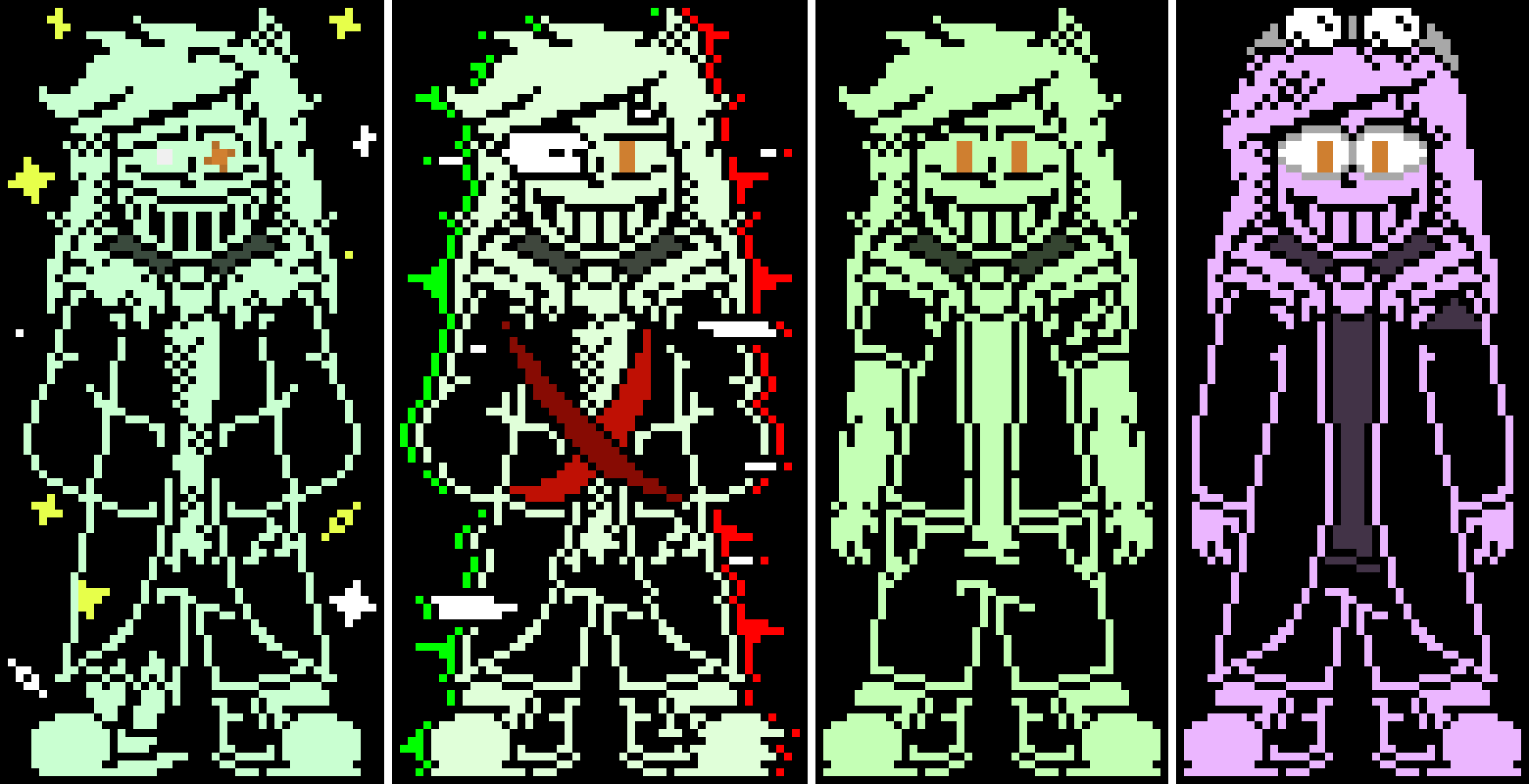 [583245] "[Repost because yes.] Outer!StoryArraswap V2, After!StoryArraSwap V2, StorySwapArraSwap V2, InvertedStoryFateArraSwap V2 | Each a V2 of their original design... All with a different colour... Fun fact: I inverted the hex of the default green of StoryArraSwap, thus is why he's purple...