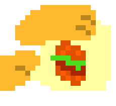 [603421] "Kay, now to just.." [They somehow grab the picture.. and pulls it out into the air, a steaming burger, ready to eat] "Here!" [They hand it to Warrior]