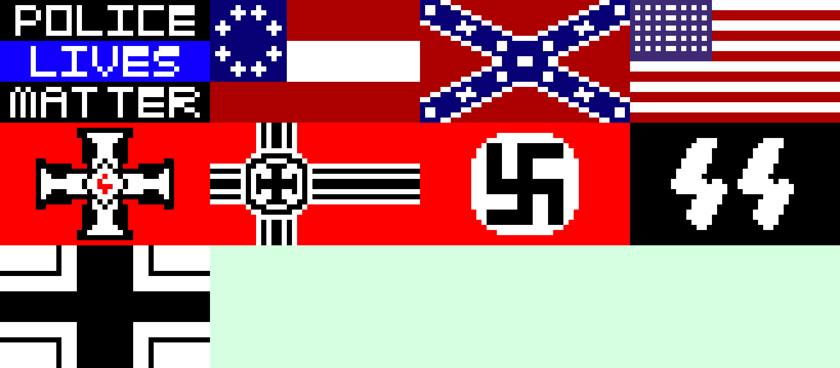 [59719d] Police Lives Matter Flag, Confederate Flag, Confederate Clergy Flag, American Flag, Ku Klux Klan Flag, WW2 Axis Flag, Nazi Flag, SS Flag, and Wehrmacht Flag