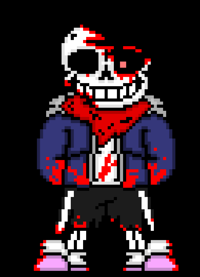 [2fbf6b] Hes bleeding determination he has more damaged stuff his papyrus is dead ( the scarf ) hes battle damaged.