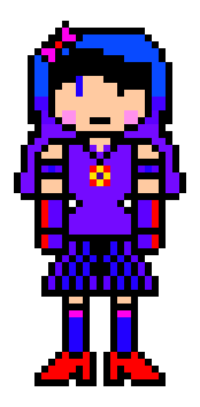 [4cd684] ....Well he is uhh he ... I don't want to talk about back story so his look then... He has red and yellow hair has 2 horns (due to his science project) ... he has a black jacket ... his mouth is always bleeding he has 2 eyes but use only one another one for .. well ... disas(ter)...time