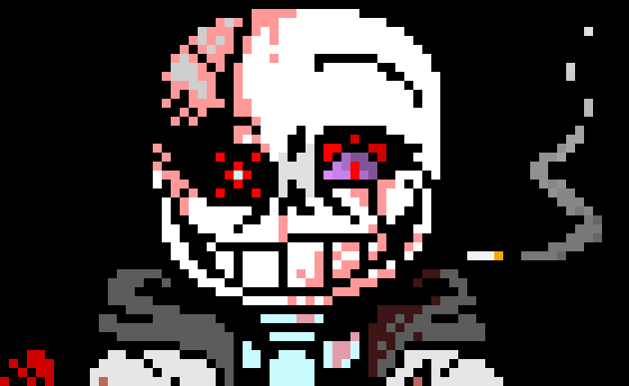 [fedf74] *A quick flash shows a different face* ...THERE IS ONLY BLOOD AT THE END! *He quickly dodges the blaster* 