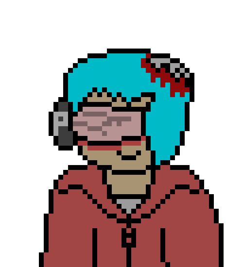 -sits at blood covered stand-