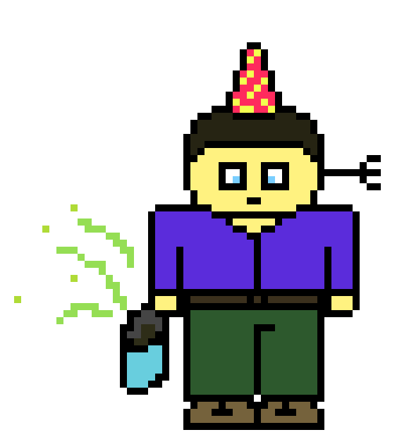 [701b30] bob wearing a birth day hat an holding a portable defocation bag that has been utalized and with a plastic fork protruding from his outer ear.