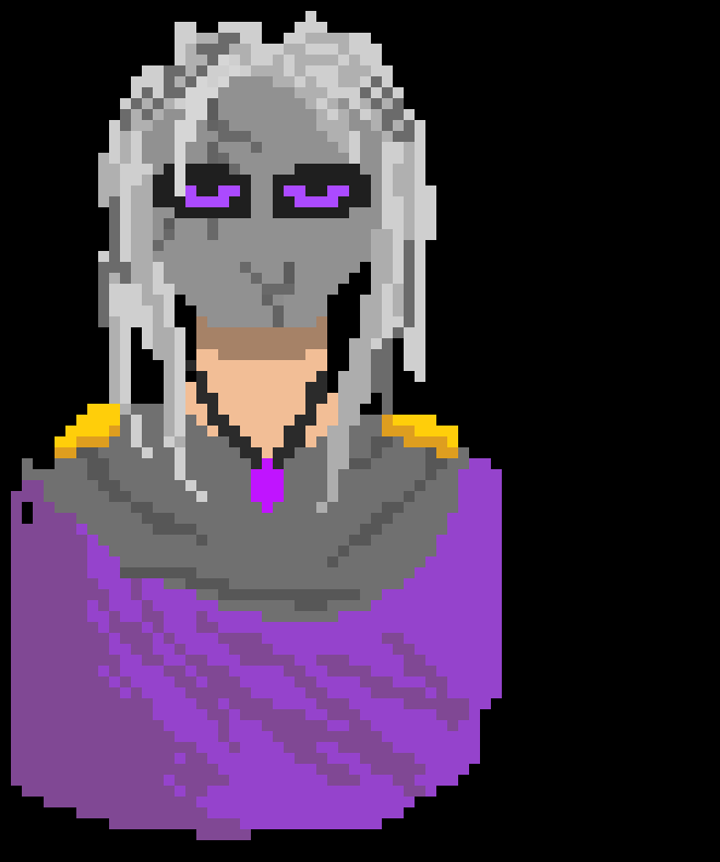 Im on mobile so its ass but uh- ok so he has a cracked iron mask with rectangular eye holes like doctor dooms, and you can see violet glowing eyes inside of the holes. Long white/grey hair, tannish skin, a grey cloak with a draped portion on the front, held on by golden clasps, and a dark purple robe underneath