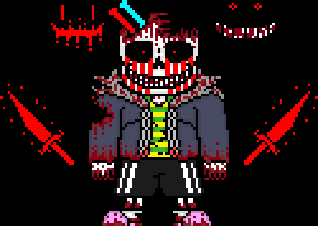 [e8cb42] Terror: *hit blocks the hits with his axe whcih leads to his axe fading to dust and 2 bones get shot in his head* heheh recgonize these? *summons 2 true knifes* get ready pal