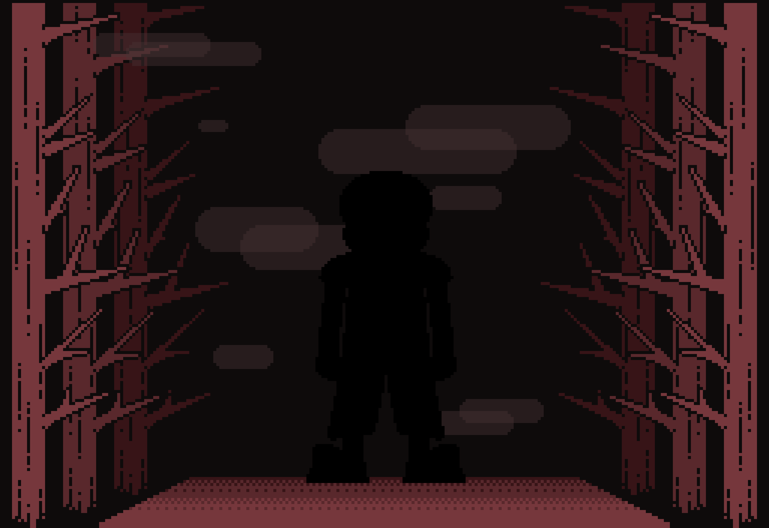 [57dac4]  *suddenly Delete and Multi are transported to a crimson like forest, with a dark and misty fog, a shadow is seen, seemingly Terror*