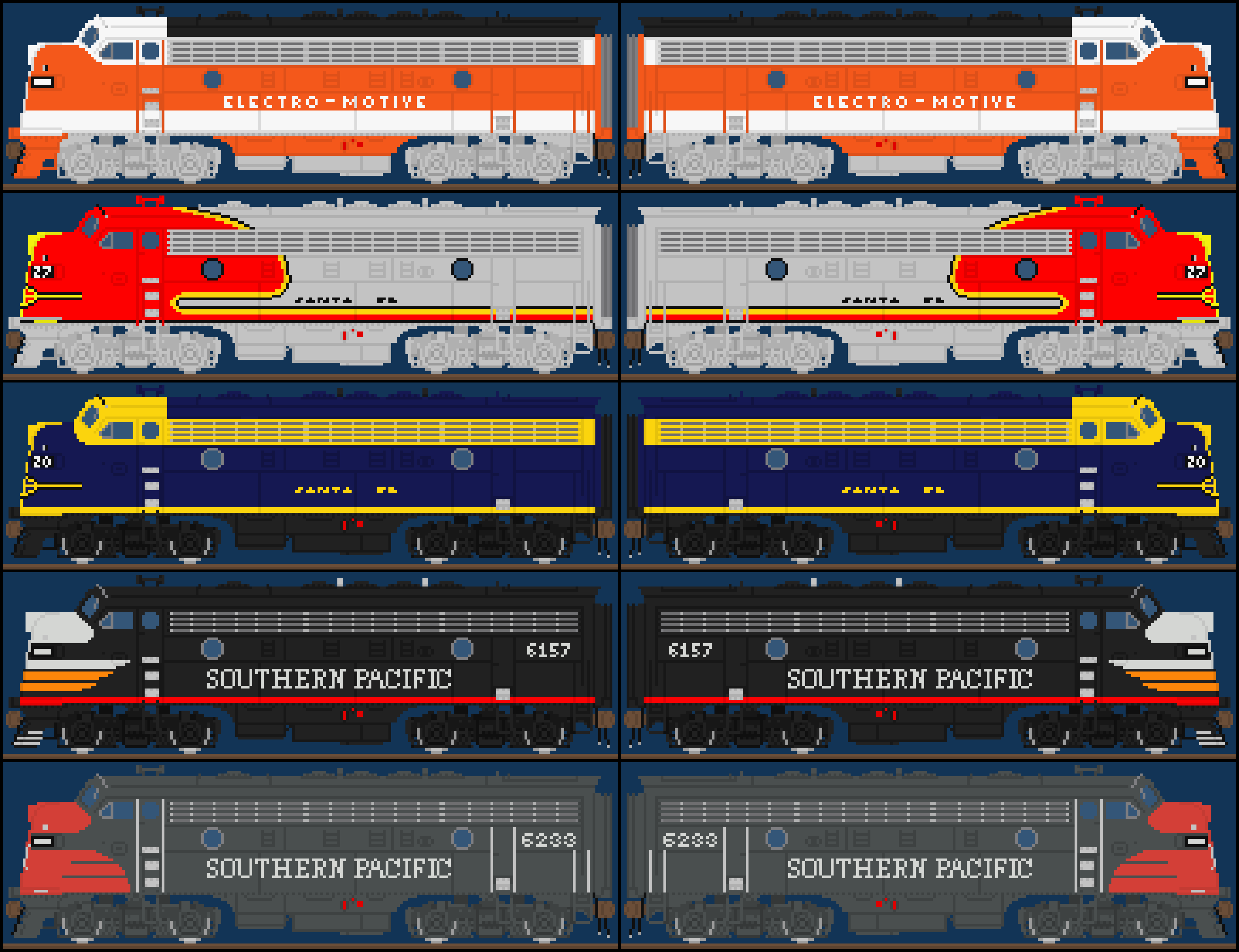 EMD F7 - 5-PAK #1 - EMD Demonstrator, Santa Fe "Warbonnet", Santa Fe "Bluebonnet", Southern Pacific "Black Widow", Southern Pacific "Bloody Nose"
