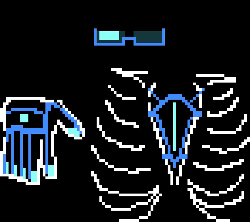 [910068] (old drawing) fun fact, johns glasses have a built in hologram GUI and connect directly to two other pieces of tech on his body, a central system connected to his sternum, and an exoglove that allows him to directly interact with the hologram GUI and other pieces of tech, the glove and central system are both hidden under a cotton glove and his tshirt respectively