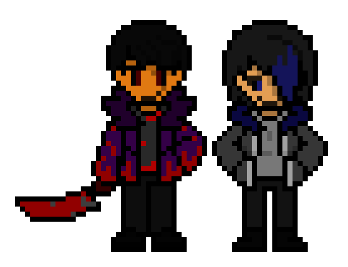 [4adfff] Ash the Blood Moon Lycanthropic Beast and Lazuli the Gothic Yandere Vampiress Overworld Sprites (WindowsSans89YT Style), with Ash's Blood-Cursed Machete shown (covered in blood from his and Lazuli's path to get to Slender Mansion