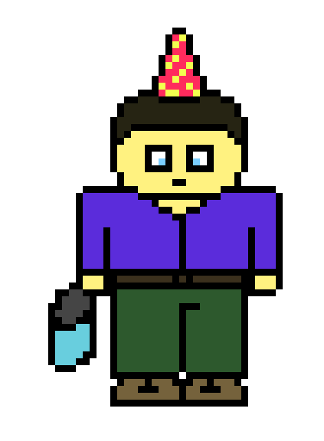 [701b30] bob wearing a birthday hat and holding a portable defocation bag
