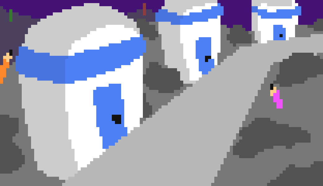 [31b34d] *The Lightners approach the village. There are houses that resemble erasers, and a few residents around.