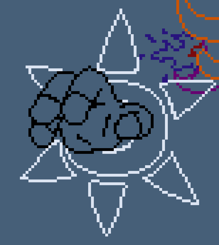 [777455] anyways, ignore everything here except the white outlines. (so like, ignore the hand, the... horns? flame, all of that) something about this feels off, like... mainly the triangles, idk if its that some feel smaller than others, or if the perspective is off-- idk---