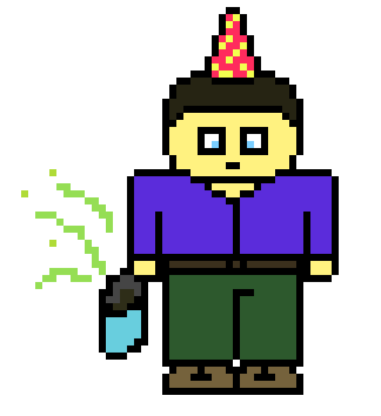 [701b30] bob wearing a birthday hat and holding a portable defocation bag that has been utilized