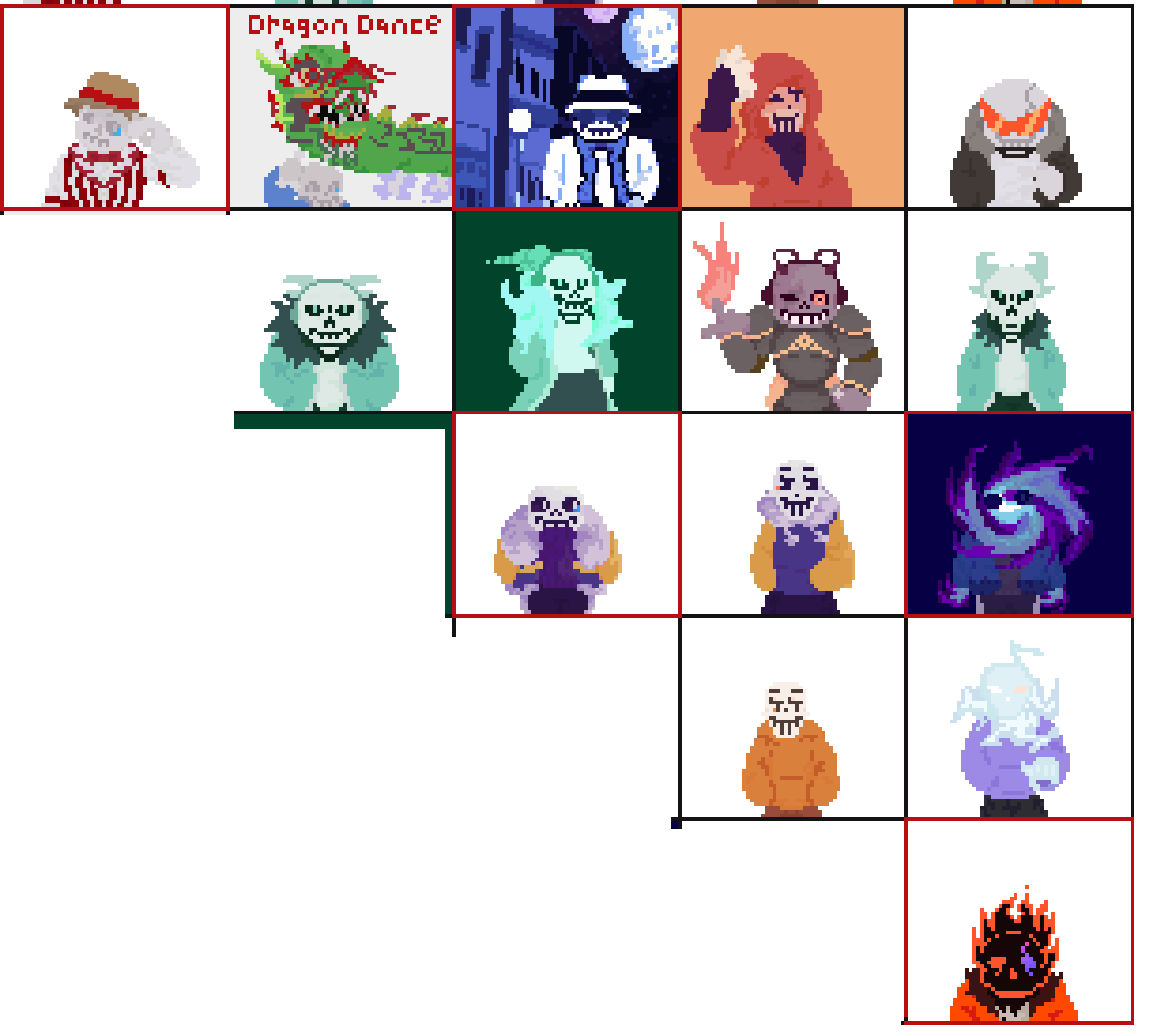 [d9c550] like ignoring the other half since its just the same thing the 5 highlited are the only ones I think have designs that i wouldnt fall asleep while drawing, and one of them is literally just john with othertale sans's clothes 