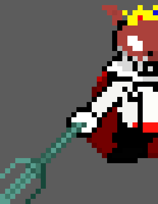 [46ea29] *hold the trident two-handed,and points it directly at his head*now,back off,slowly.