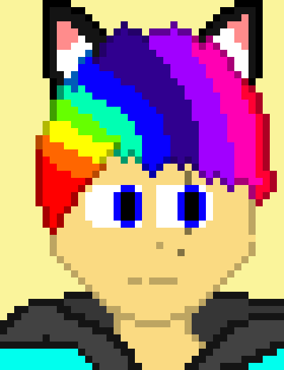 chibi, fluffy, medium eyes, big ears, big tail, short legs and da furr is rainbow.btw da pose is sitting or standing u can choose