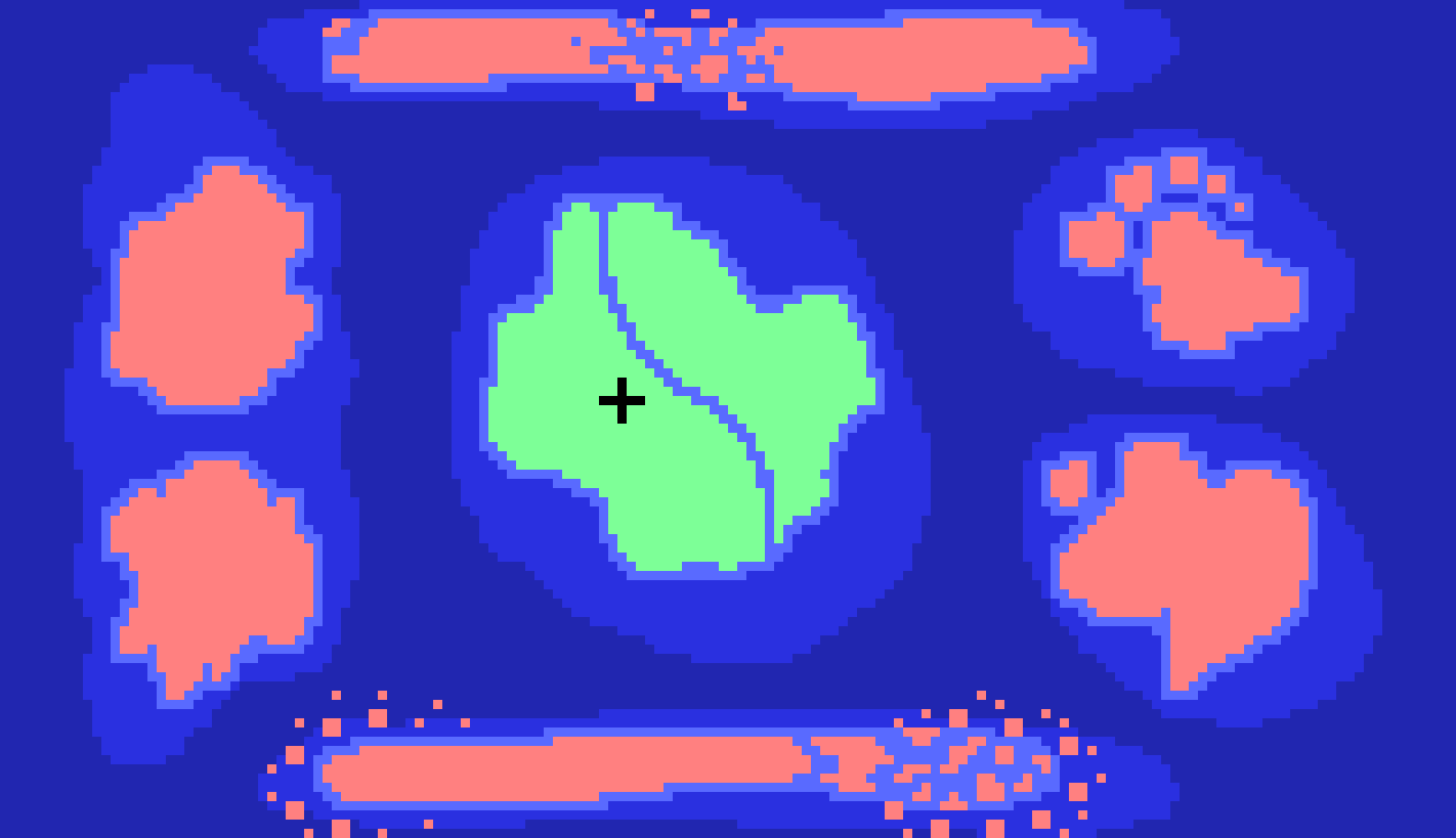 [9ce148] (dark blue = open deep ocean. | lighter blue blobs = tectonic plates. | lightest blue outlines = shallow water along the coasts. | light green = discovered land. | light red = undiscovered land)