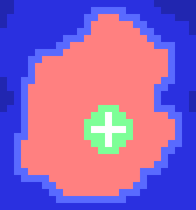 [9ce148] (any players who join will spawn on this island instead of the middle one. and specifically on the white plus. the green circle indicates known terrain, anywhere that's red is unknown)
