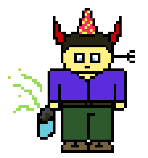 [701b30] bob wearing a birth day hat an holding a portable defocation bag that has been utalized and with a plastic fork protruding from his outer ear and acting as the epitome of all evil.