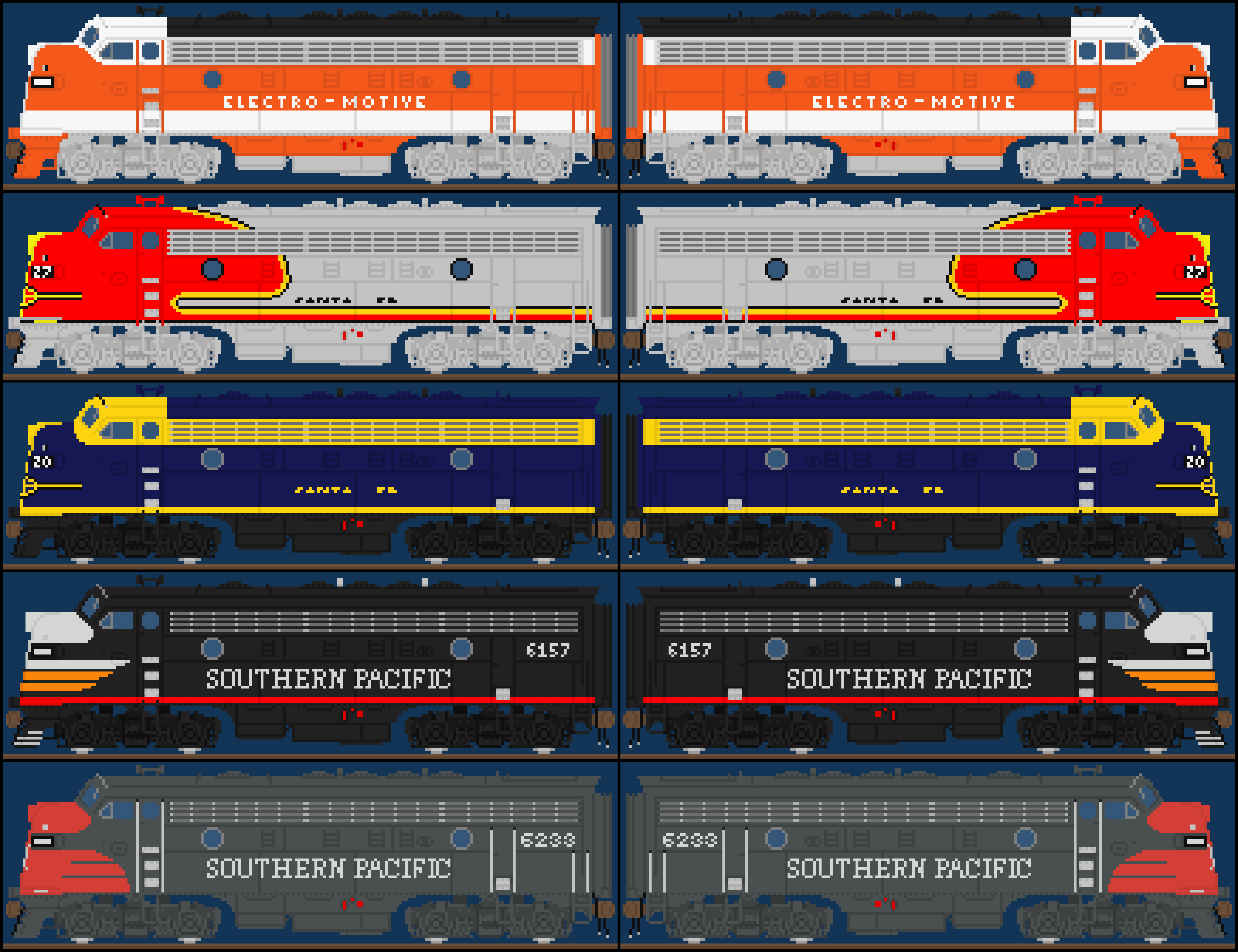 EMD F7 - 5-PAK #1 - EMD Demonstrator, Santa Fe "Warbonnet", Santa Fe "Bluebonnet", Southern Pacific "Black Widow", Southern Pacific "Bloody Nose"